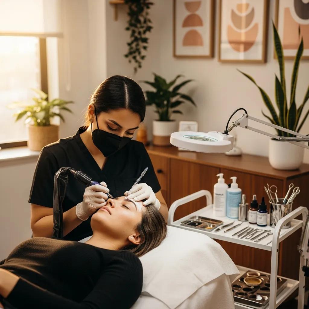 Paramedical Tattoo Artist Applying Micropigmentation To A Clients Skin Illustrating The Transformative Power Of Permanent Makeup E58f5da7 279b 4743 A1ac 372d9f0cdc6f Webp Paramedical tattoo artist applying micropigmentation to a client's skin in a serene setting, illustrating the restorative benefits of permanent makeup for medical conditions.