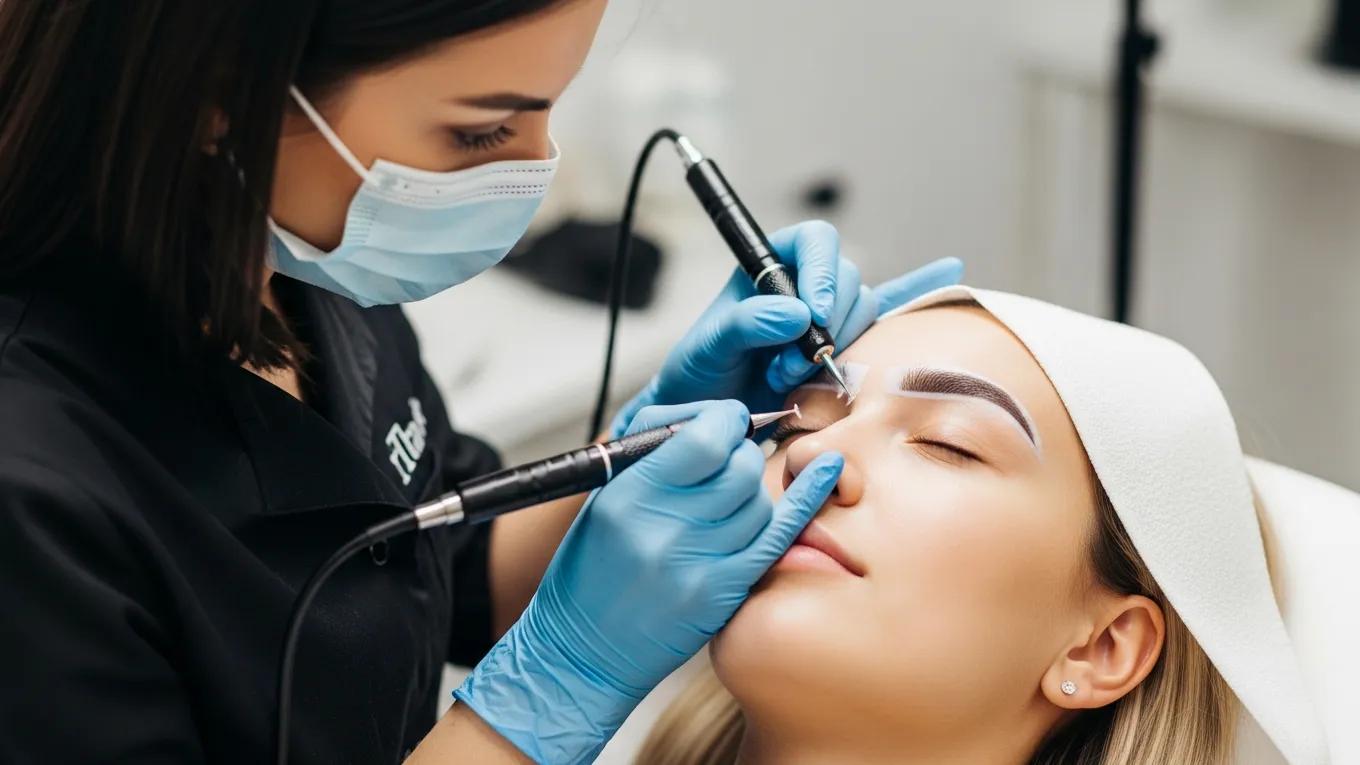 Professional makeup artist applying microblading technique in a beauty studio