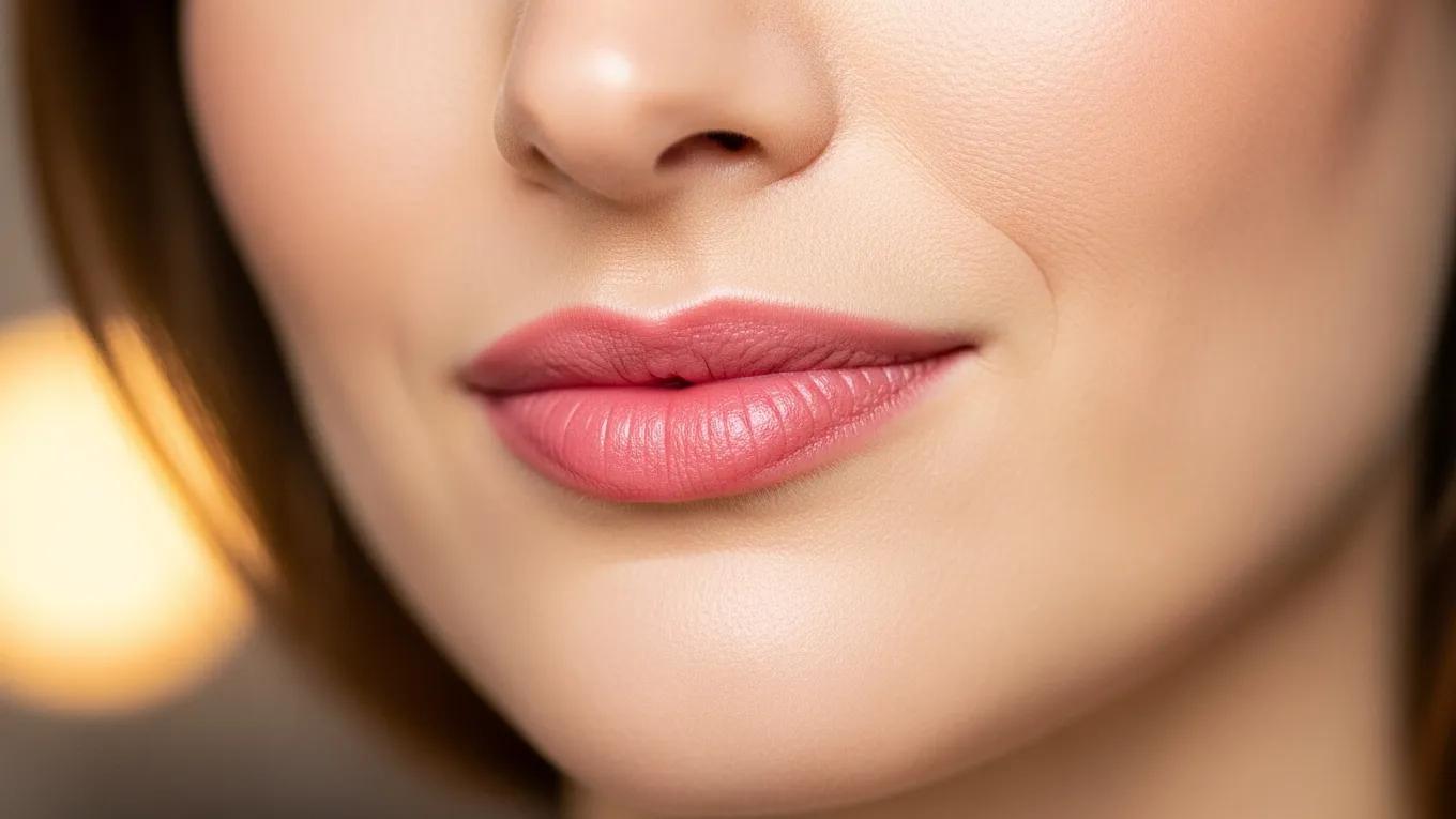 Woman with enhanced natural-looking lips after lip blushing treatment