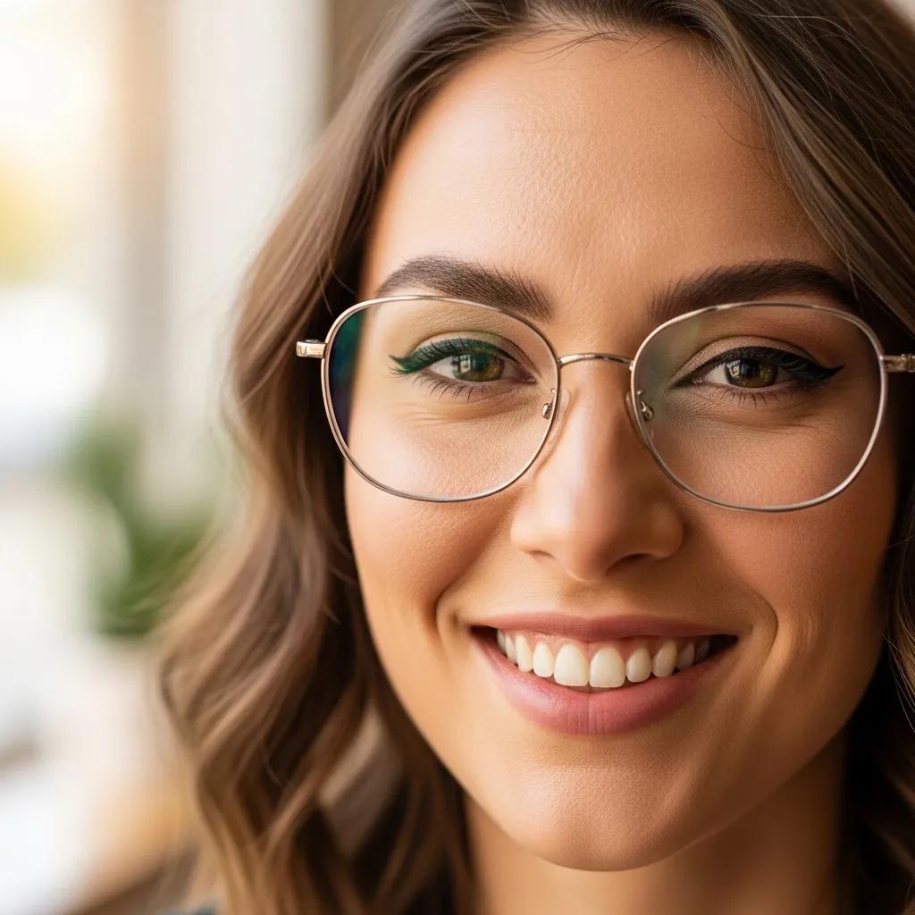 Woman with glasses showcasing permanent makeup, highlighting eyeliner and brows for enhanced beauty