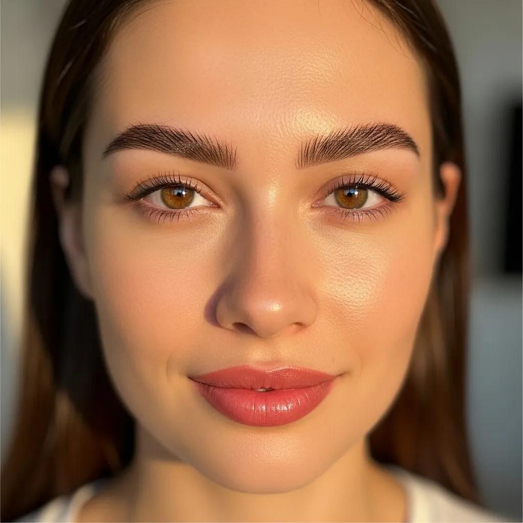 Close-up of a woman with vibrant permanent makeup on brows and lips, showcasing natural beauty