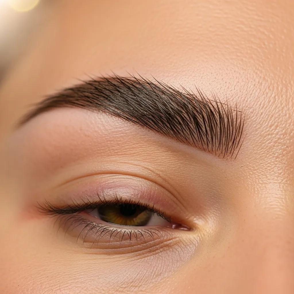 Close-up of microbladed eyebrows highlighting natural hair strokes and beauty