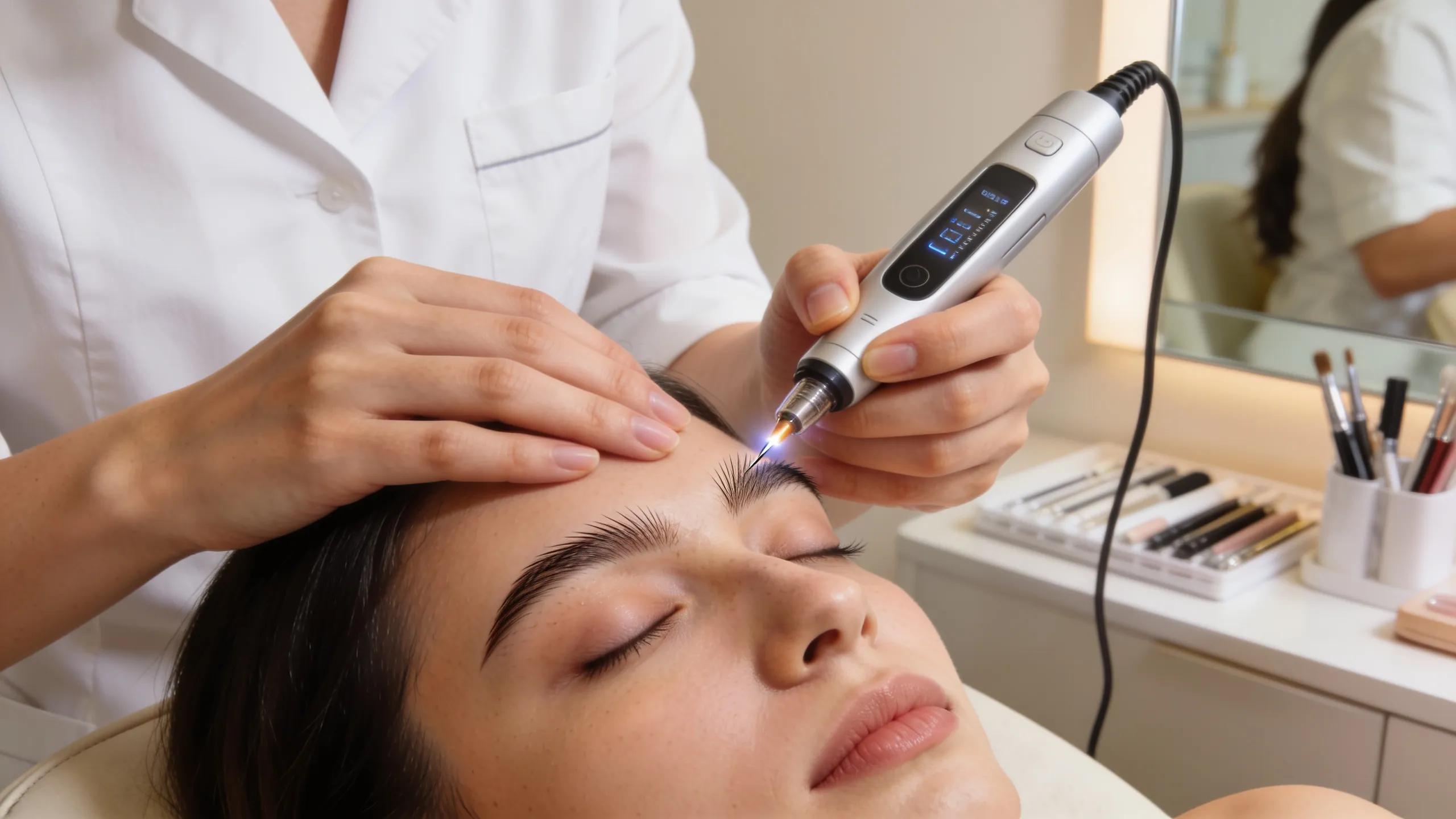 Technician applying nano brows technique in a beauty salon, emphasizing precision and natural appearance