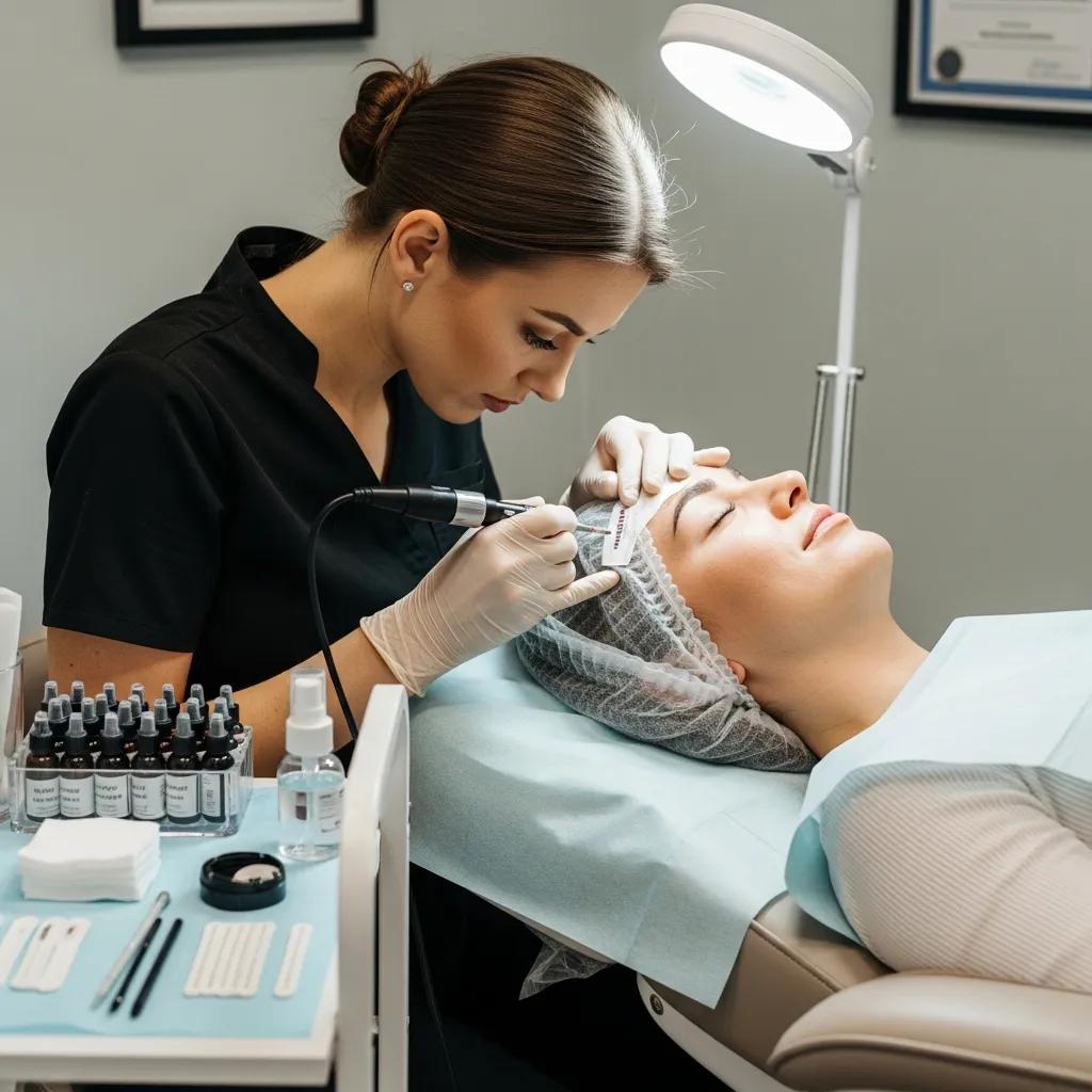 PMU artist applying permanent makeup in a professional setting, highlighting ethical considerations