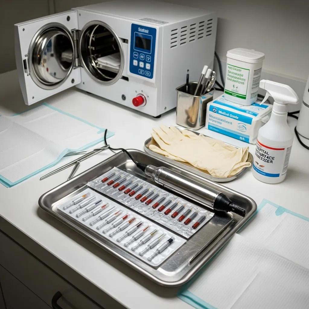 Sterilized Pmu Tools Sterilized Pmu Tools And Clean Workspace Highlighting Mandatory Hygiene And Safety Protocols