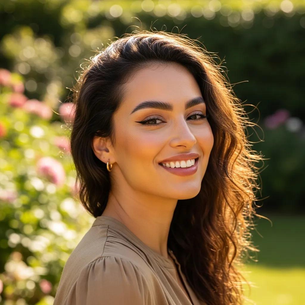 Woman with permanent makeup smiling confidently, showcasing self-esteem and beauty enhancement