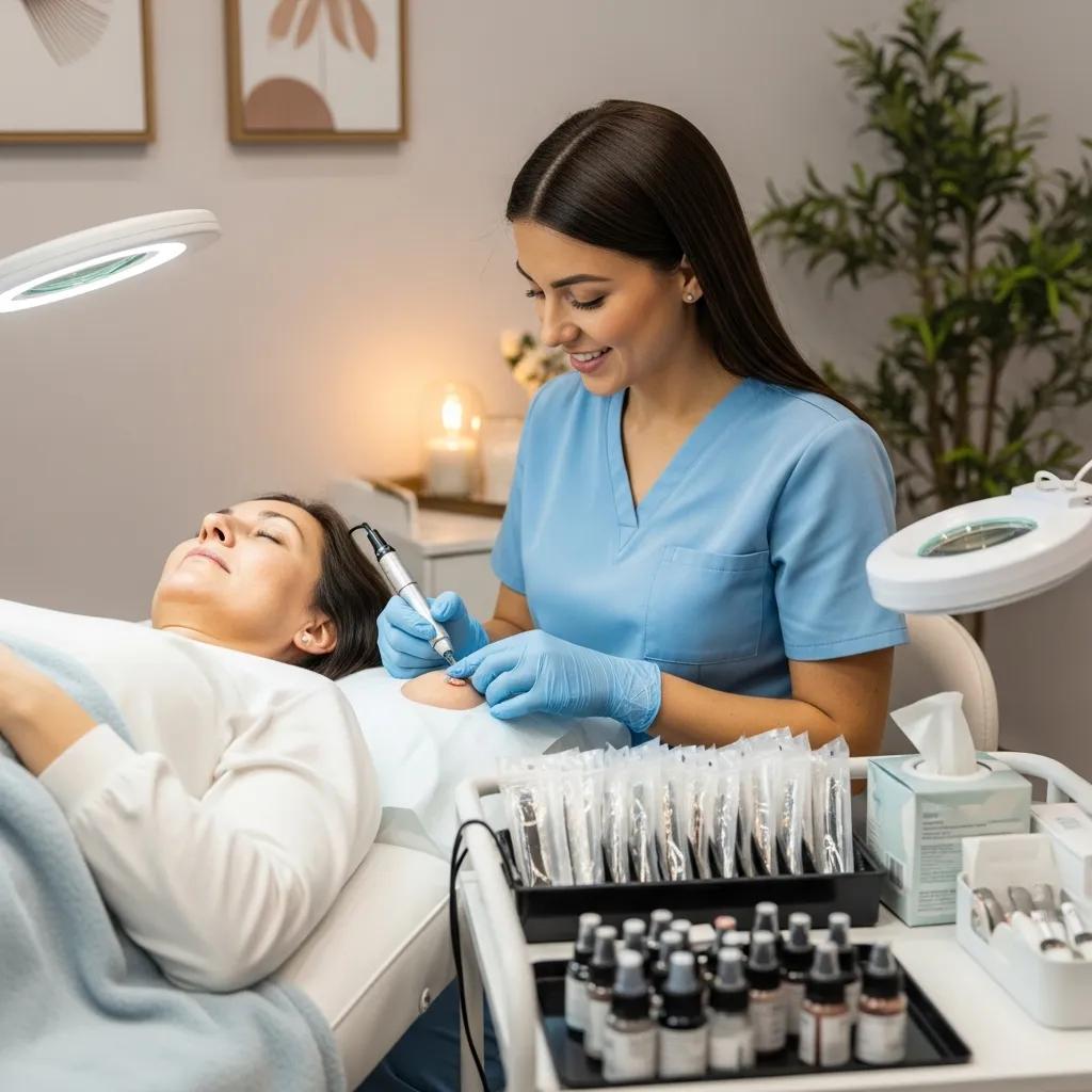 Areola pigmentation specialist performing a procedure in a calming clinic environment
