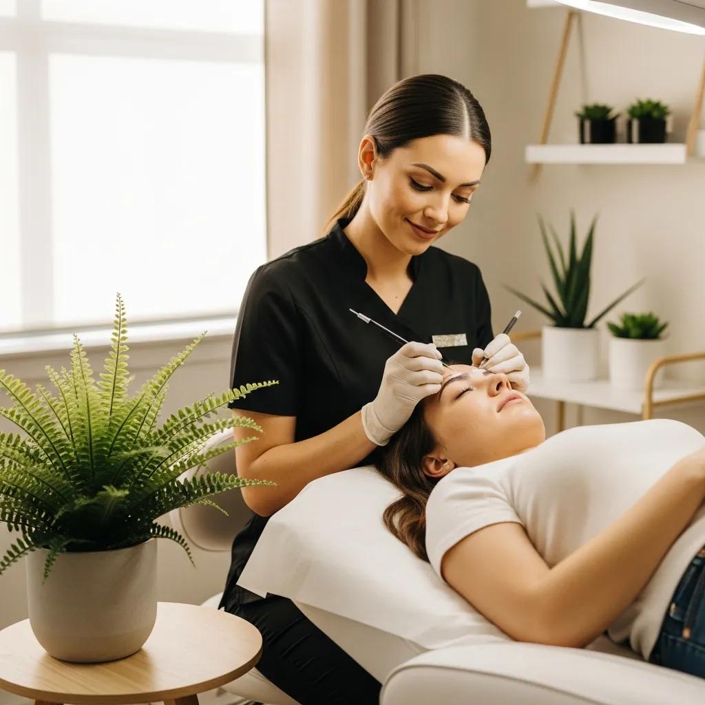 Beauty artist applying minimalist permanent makeup in a serene studio environment