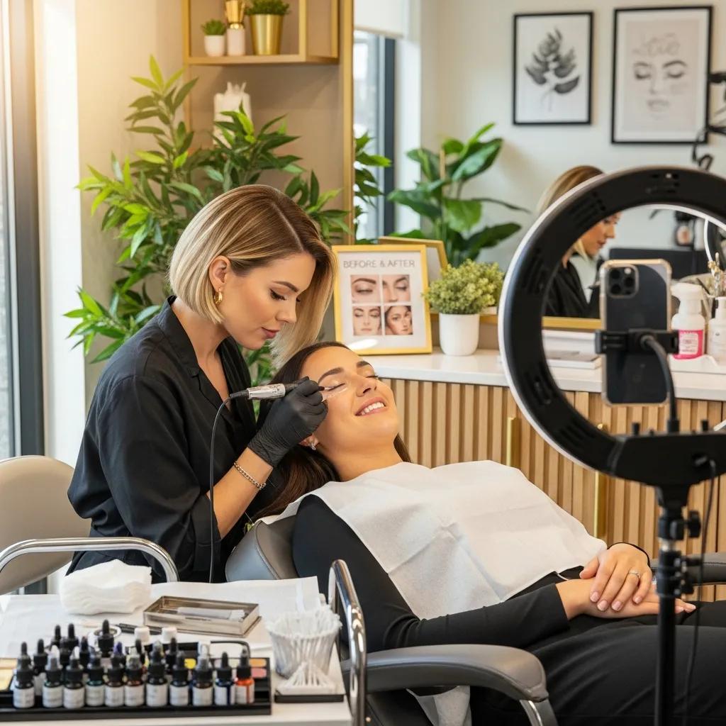 Beauty influencer applying permanent makeup in a stylish salon, highlighting social media's impact on beauty trends